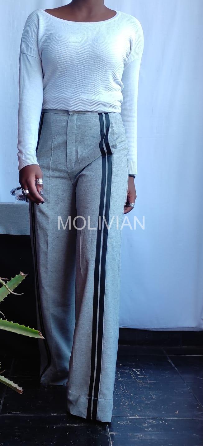 Grey pants with black front strips