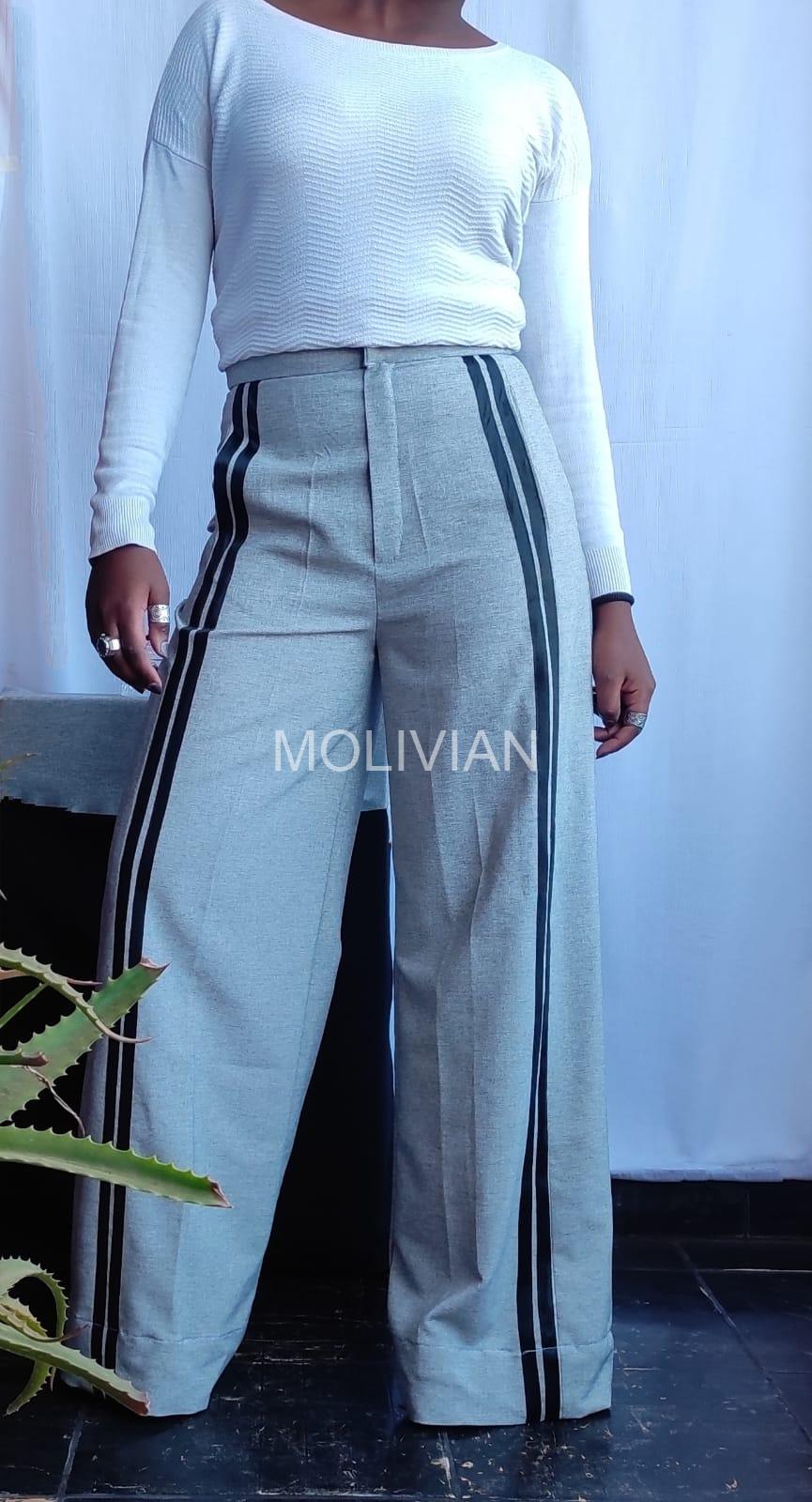 Grey pants with black front strips